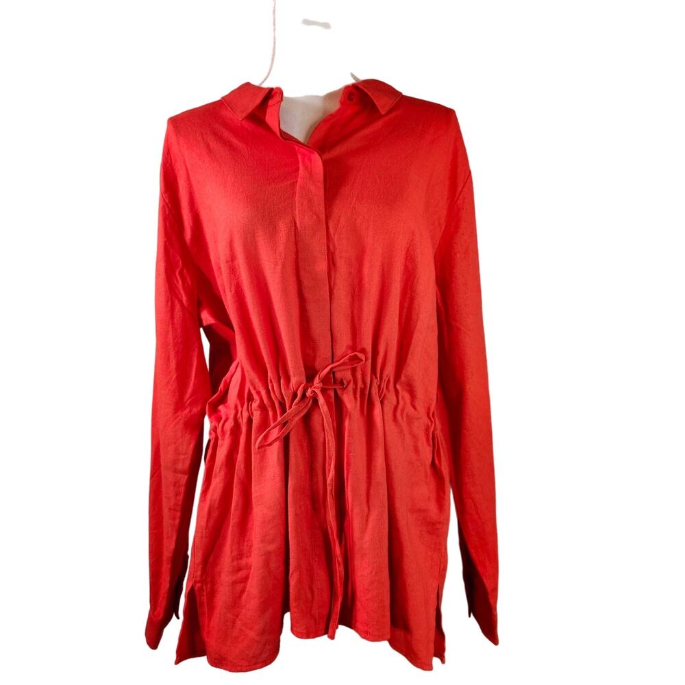 New DKNY Dress Shirt Top Blouse Linen Blend XL Red Belted NWT Preppy